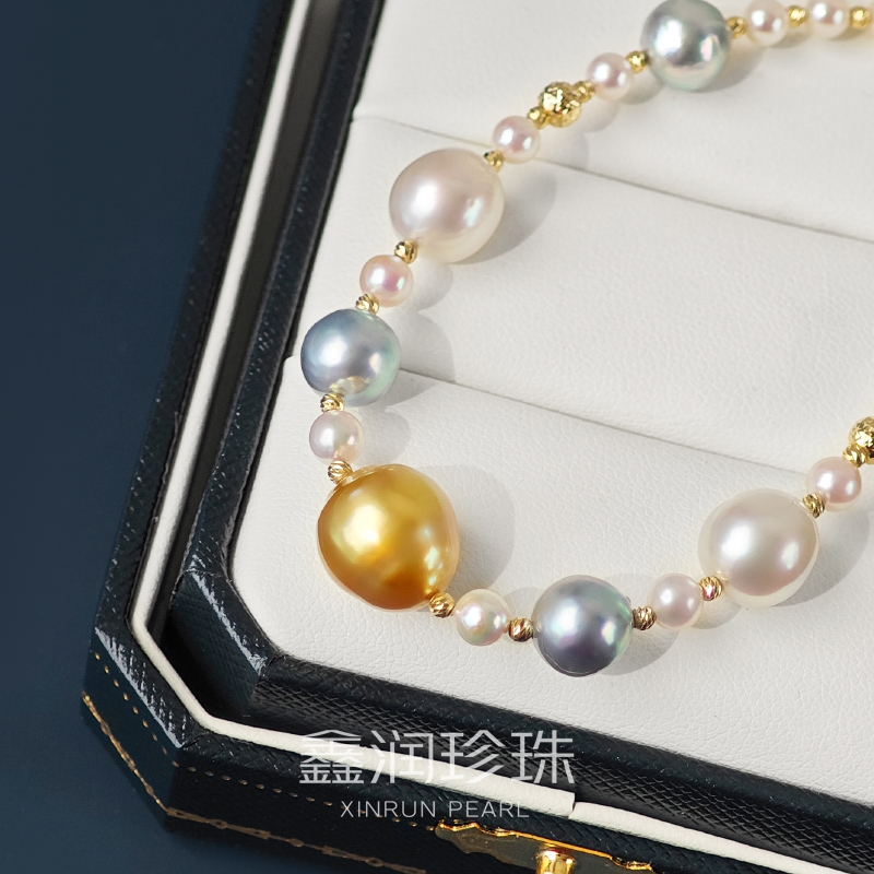 18K金镶嵌海水珍珠南洋海水混彩金珠手链4-11MM百搭*多样性发一