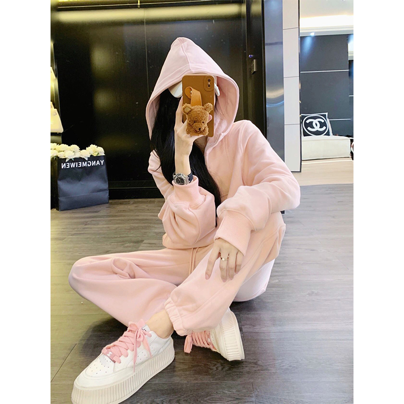时尚套装女秋冬新款粉色甜美风气质连帽上衣外套运动风长裤两件套