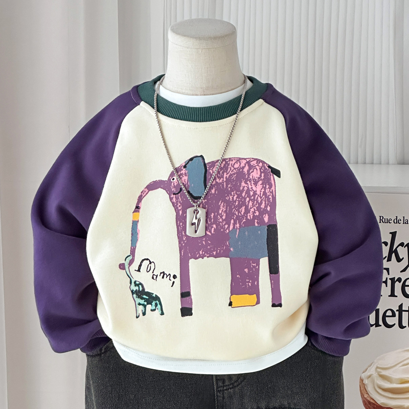 男童加绒卫衣2025秋冬新款儿童时尚撞色套头衫宝宝百搭圆领上衣潮