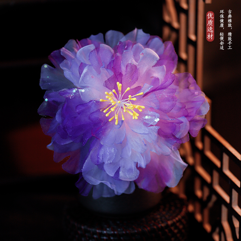 复古汉服绢纱紫色渐变花朵对夹女古风清新甜美新款烫花汉服发饰