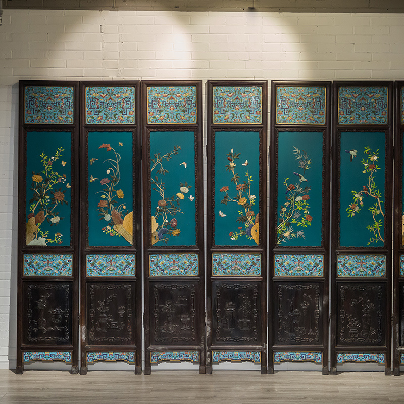 清代 红木镶景泰蓝及绿地百宝嵌花卉纹八扇围屏 古董家具