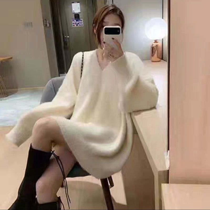 慵懒风V领克莱因蓝仿水貂绒毛衣外套女宽松软糯中长款套头打底衫