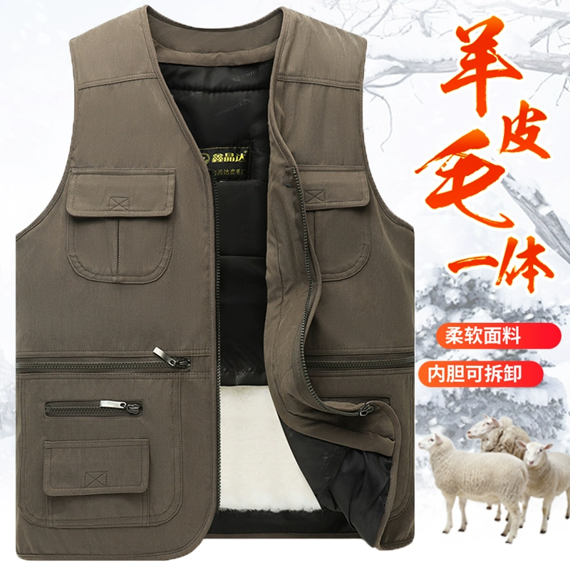 真皮毛一体羊皮马甲男秋冬季中老年加厚保暖棉工装马甲坎肩爸爸装