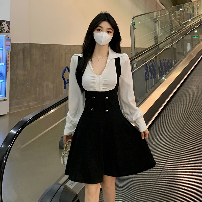 实拍现货大码校园小说女主假两件连衣裙女秋学院风长袖显瘦裙