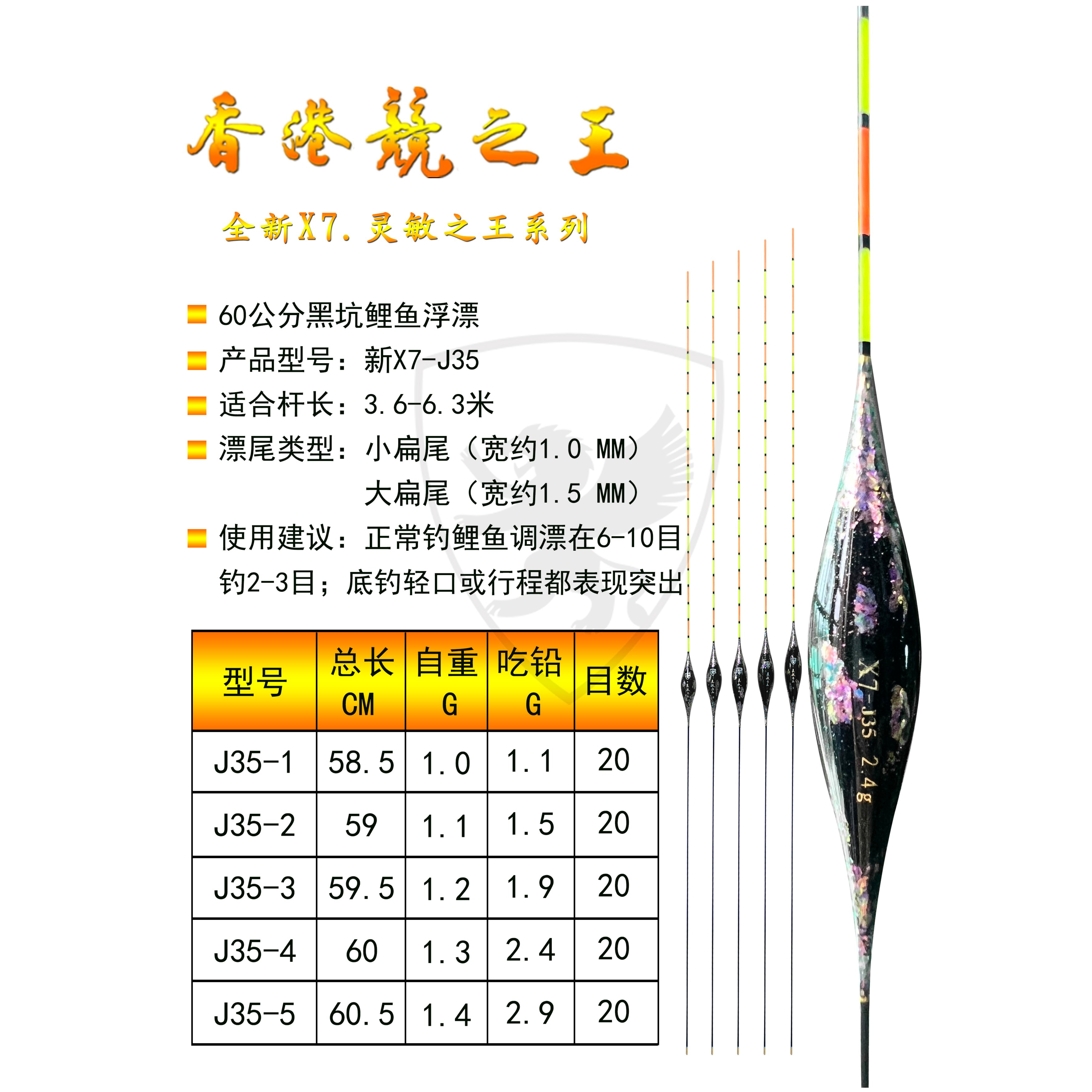 新X7-J35 60公分黑坑鲤鱼纳米浮漂 小/大扁尾 灵敏之王香港竞之王