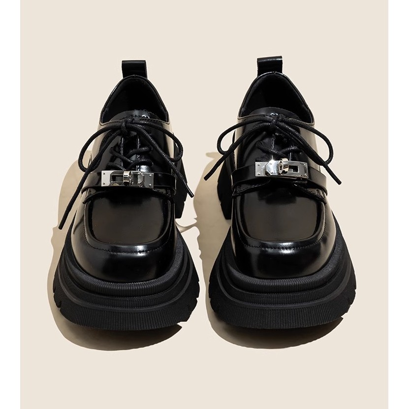 回力瑞厚底黑色小皮鞋女秋季新款系带英伦风百搭松糕乐福鞋单鞋女