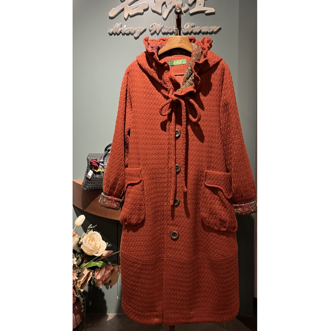 永远女人名品 名婉萱桔色连帽款宽松版羊毛大衣（00391）时尚 高级 