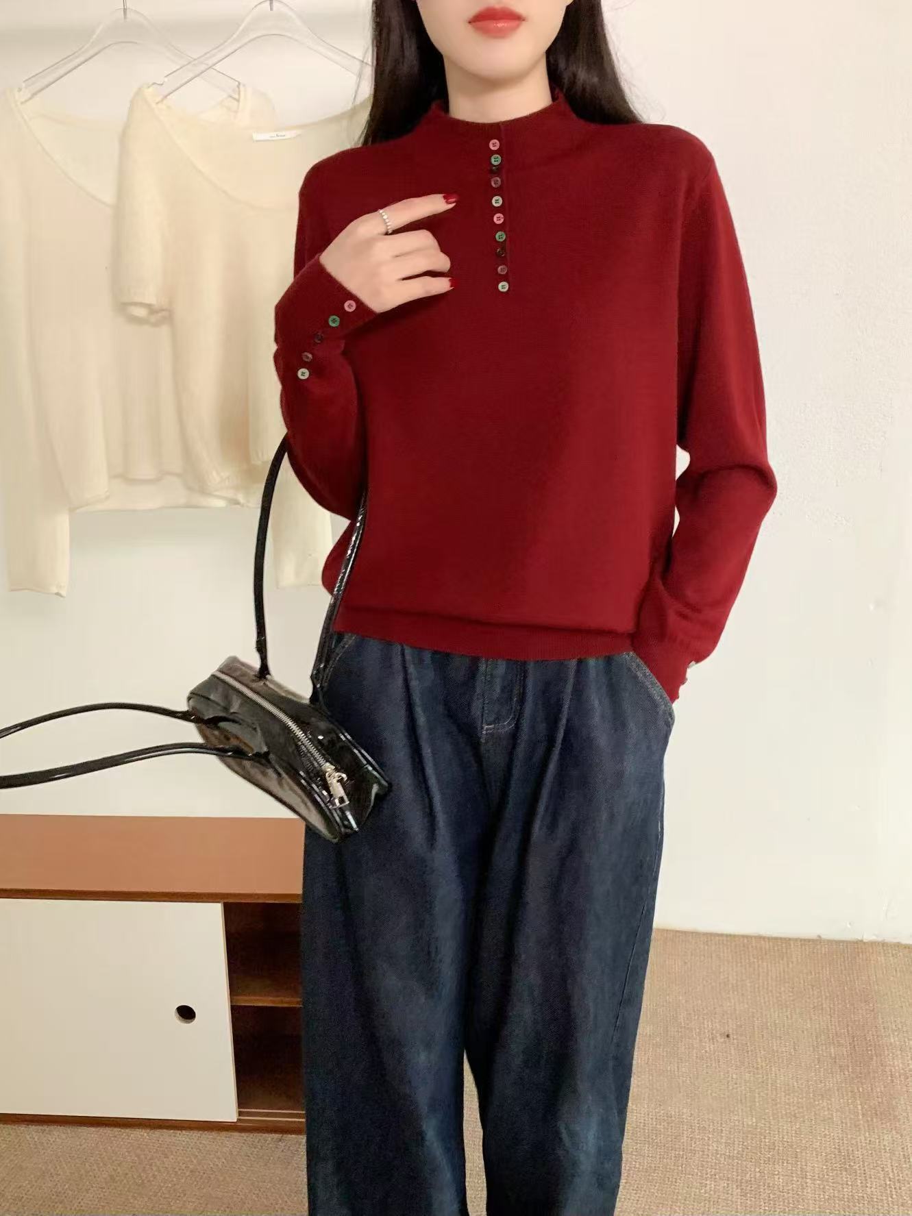 秋冬季圆领气质百搭时尚显瘦套头长袖多色毛衣打底针织衫-63132