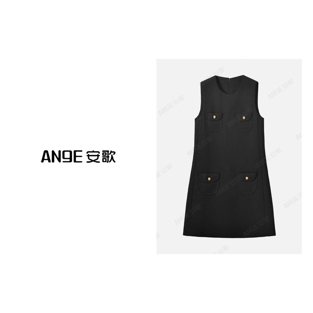 ANGE SUNNY【高圆圆同款 凯旋门连衣裙】时尚轻奢 金扣羊毛背心裙