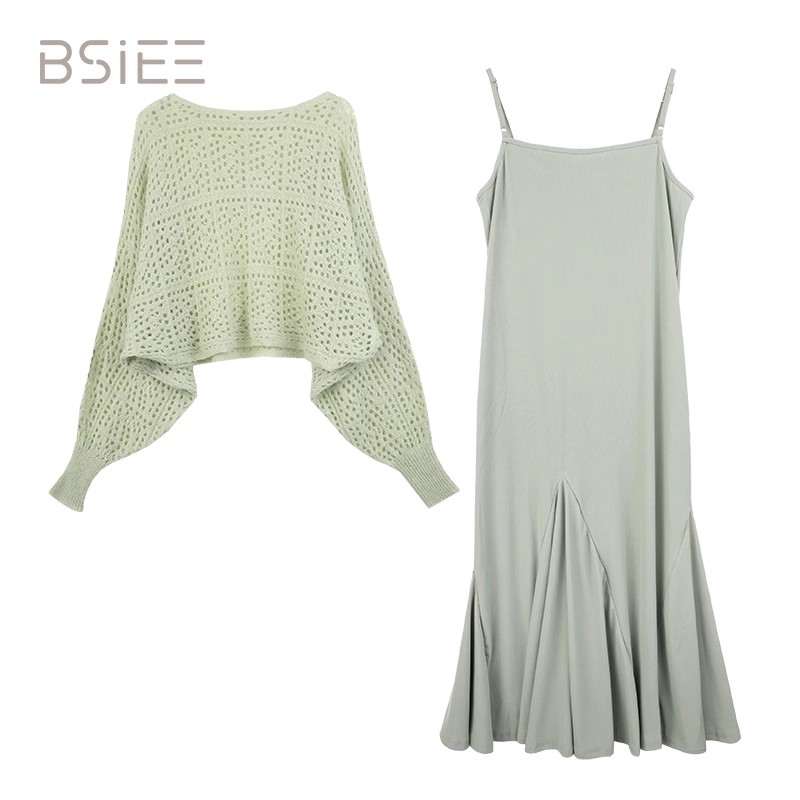 BSIEE/本涩气质轻奢针织镂空毛衣吊带两件套装裙