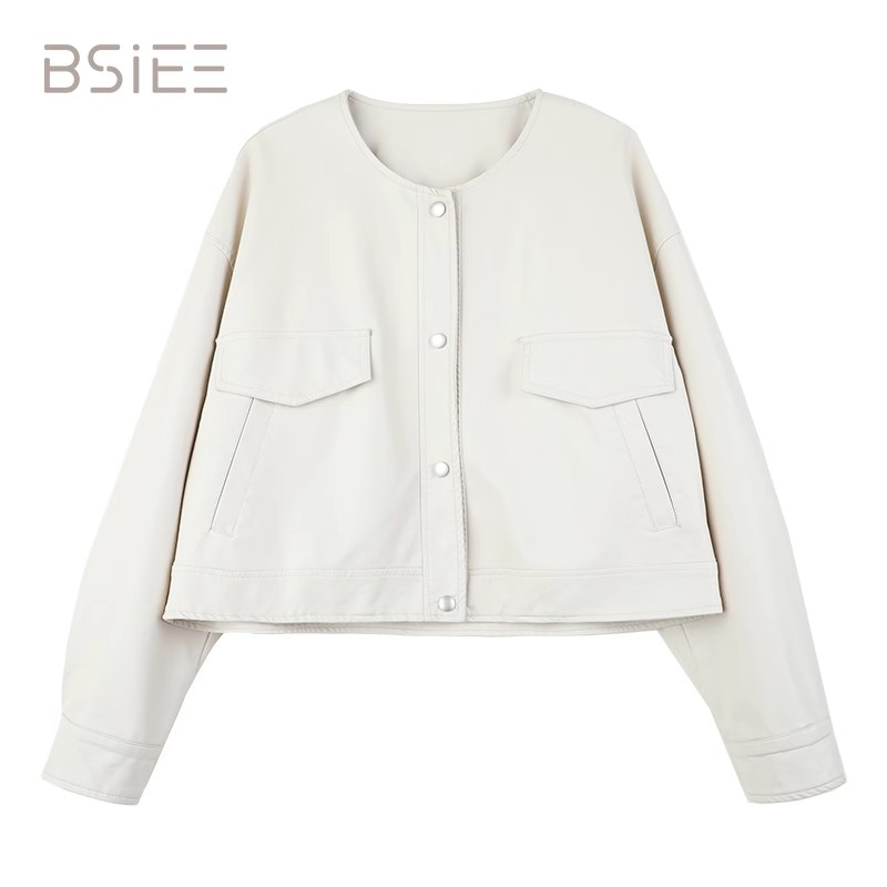 BSIEE/本涩领口袋皮衣女气质通勤时尚春季热销新品短款舒适上衣