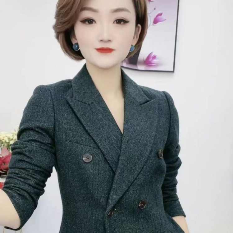 墨绿色人字纹双排扣修身气质显瘦女士西装单件