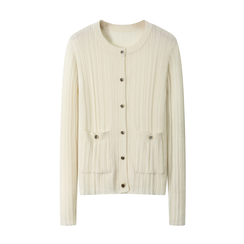 12针系扣小香风秋冬女士100%纯山羊绒修身开衫长袖简约时尚百搭