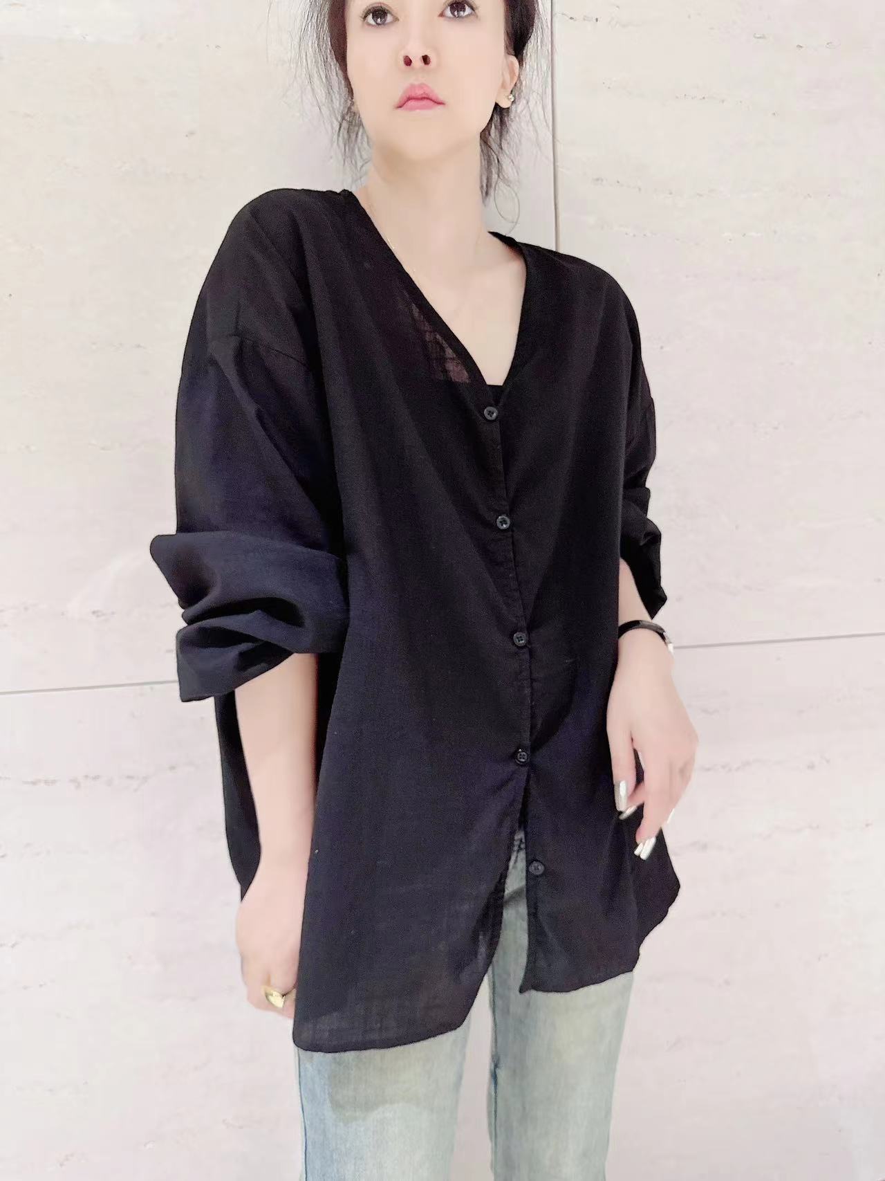 N2677【薇语莎】新款时尚百搭休闲V领棉麻衬衣