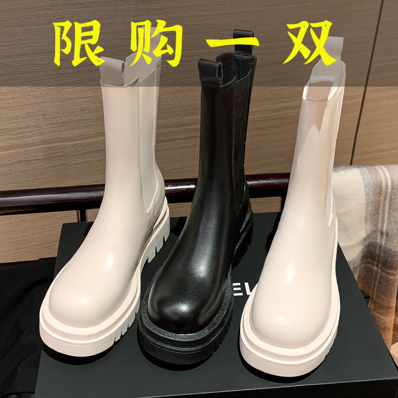 百丽纯爱白色短靴女厚底小个子内增高马丁靴英伦风显瘦真皮切尔