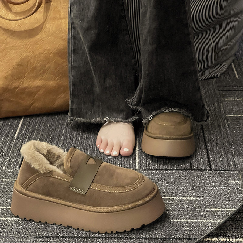 百丽纯爱加绒厚底雪地靴女外穿2023年新款冬季一脚蹬面包鞋保暖棉