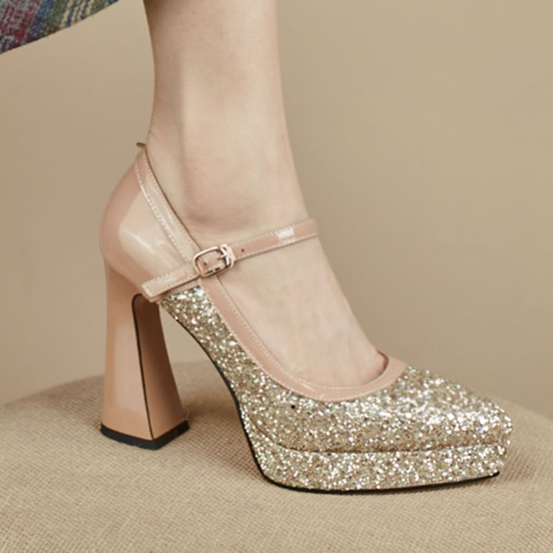 百丽纯爱真皮防水台婚鞋2023春季新款真皮亮片粗跟一字扣带浅口单