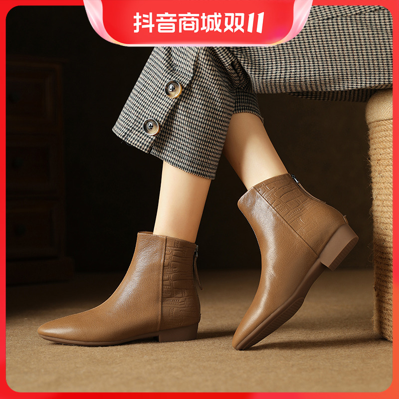 百丽纯爱纯羊皮通勤短靴平底软底裸靴秋冬圆头百搭真皮女士靴低跟