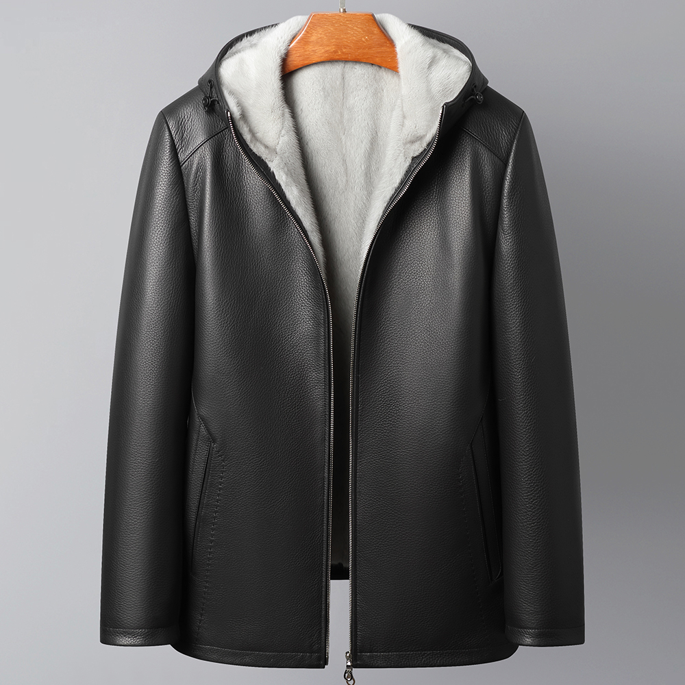 87089鹿皮蓝宝石水貂连帽 RIRI拉链水貂袖男士中长款皮衣黑色冬款