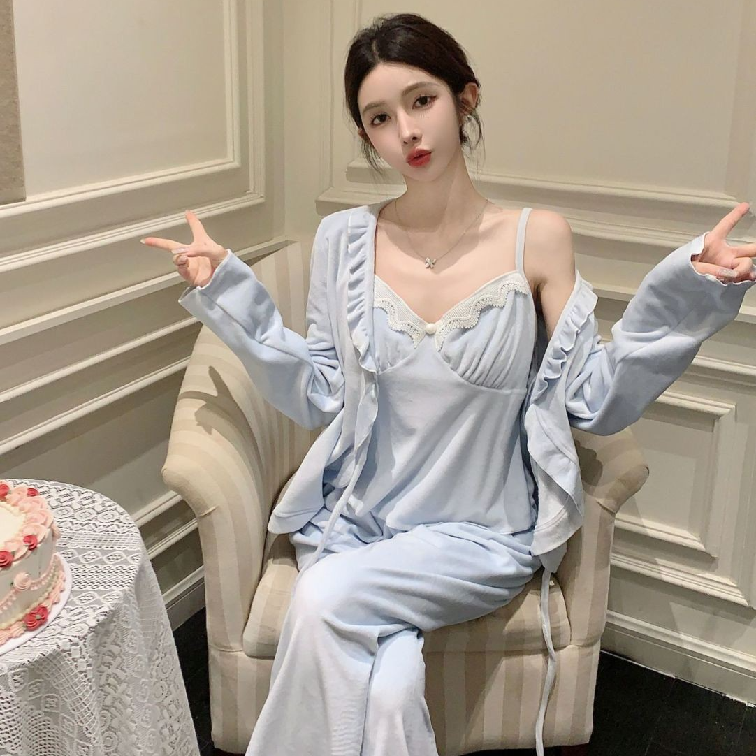 睡衣女秋冬季带胸垫海岛绒韩版三件套甜美纯欲可外穿家居服24新款