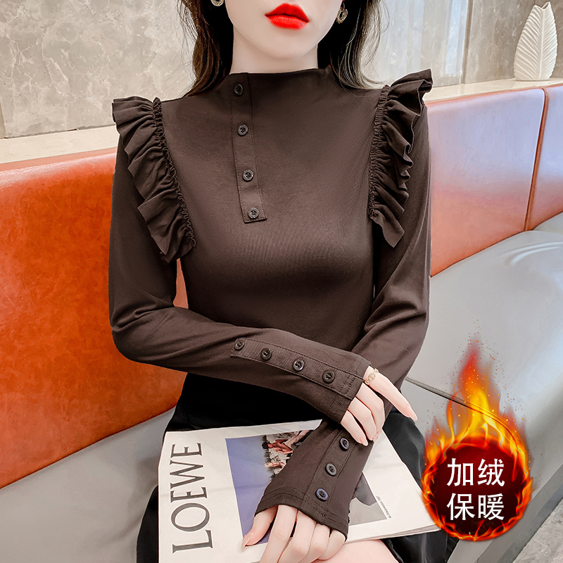 2023秋冬季新款半高领木耳边长袖T恤女设计感小众显瘦打底衫上衣