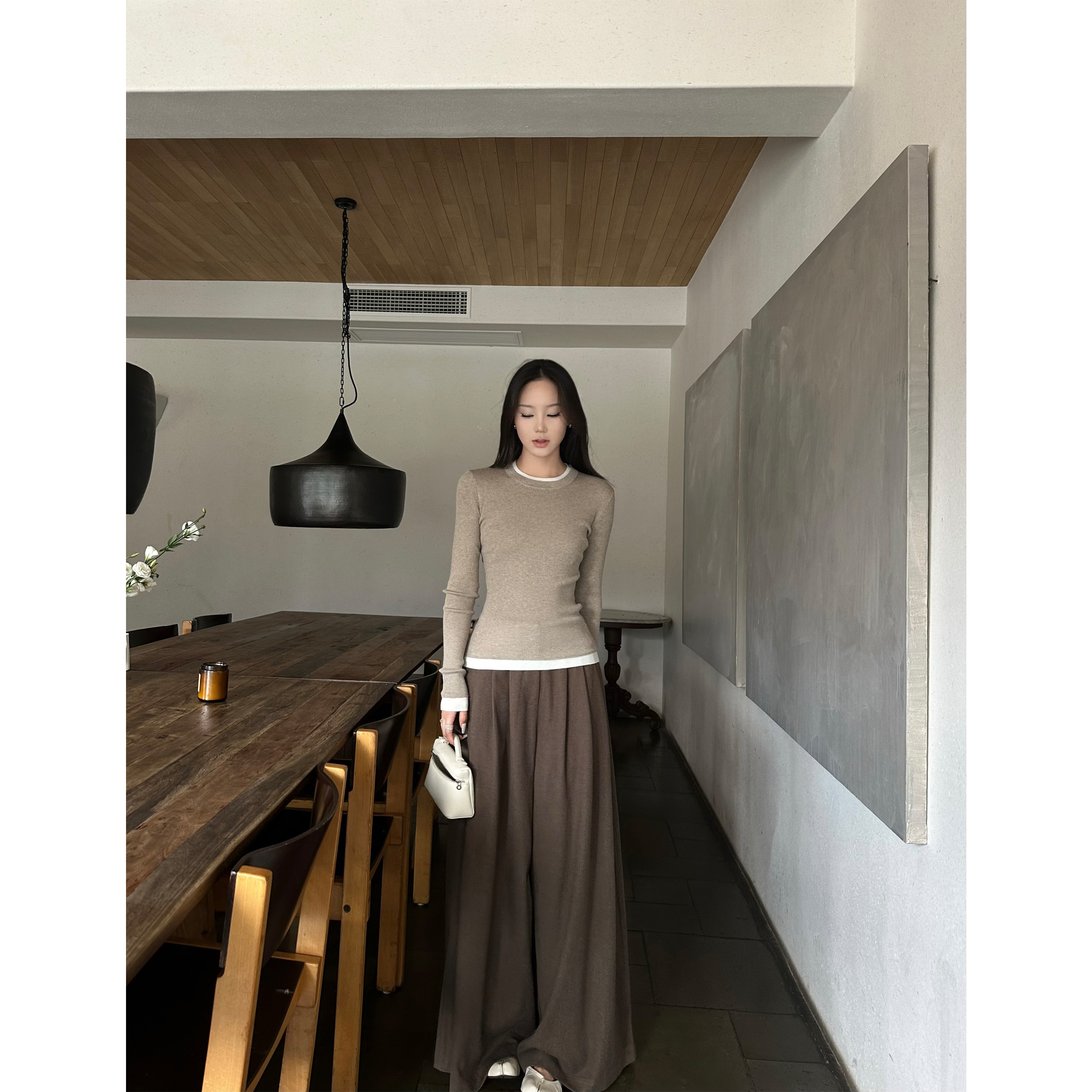 5werkwen  Loro Pian*假两件打底+茶绿褐阔腿裤