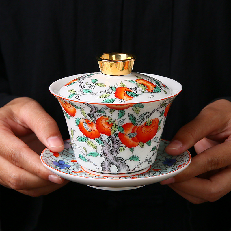 羊脂玉白瓷三才盖碗三件套悬停家用陶瓷泡茶敬茶碗高档功夫茶具