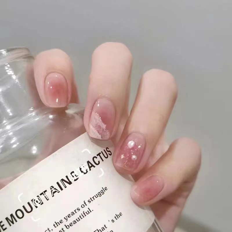 纯手工穿戴甲鲛人泪仙气透粉色腮红美甲贴片成品指甲片ins过年款