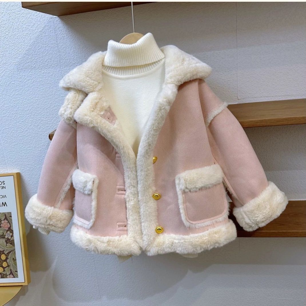女童外套秋冬款2023新款皮毛一体女宝宝加绒加厚洋气小女孩上衣潮