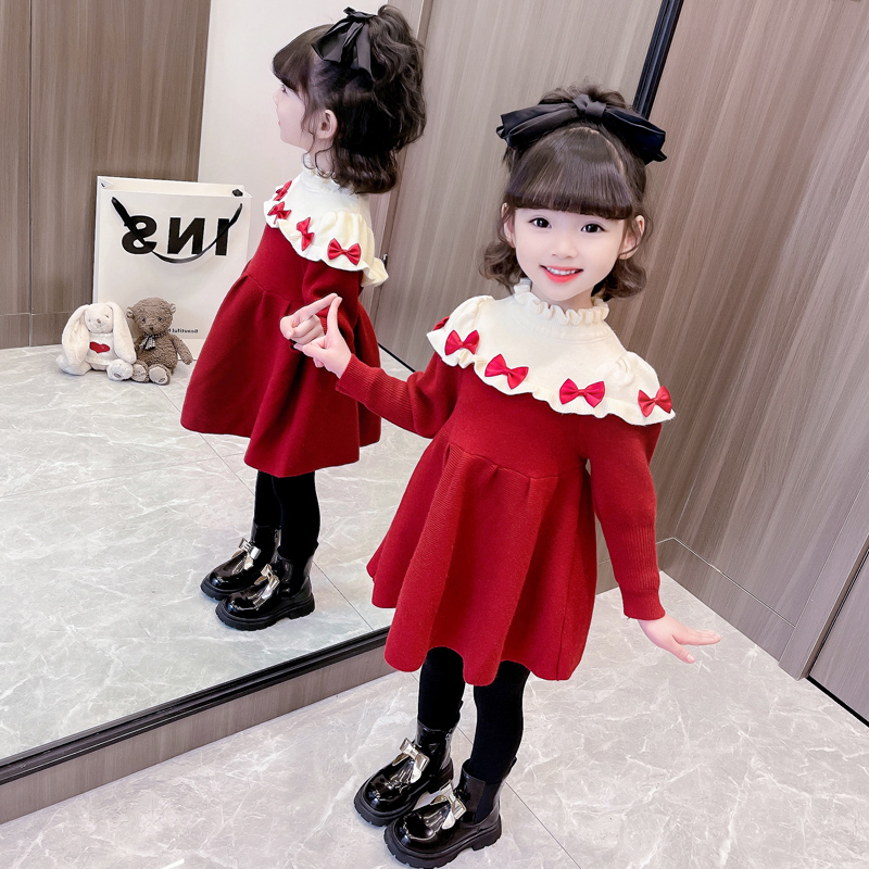 女童红色喜庆儿童冬季裙子虹色新年衣服过年服拜年服宝宝秋冬连衣