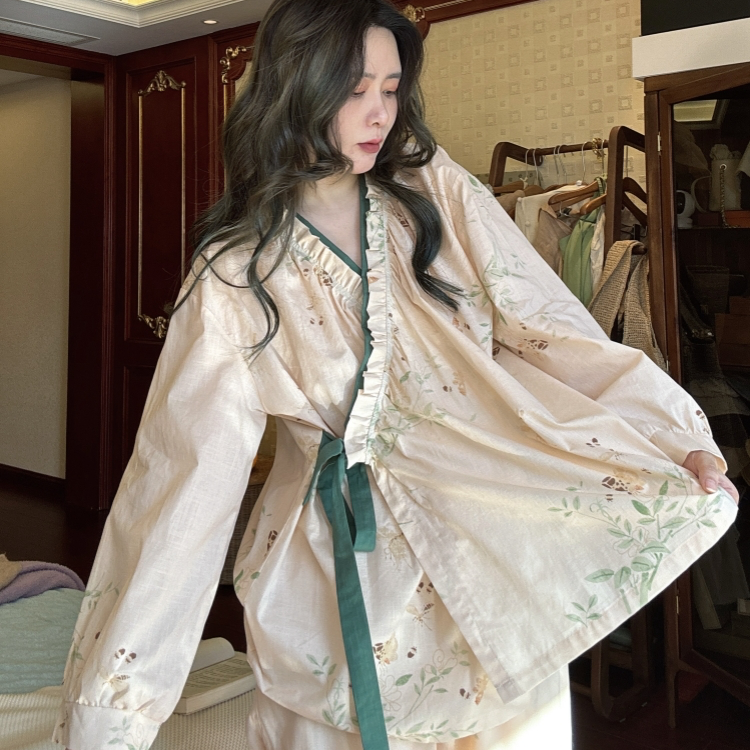 春秋季睡衣女士长袖斜襟复古纯棉套装碎花薄款大码夏天家居服