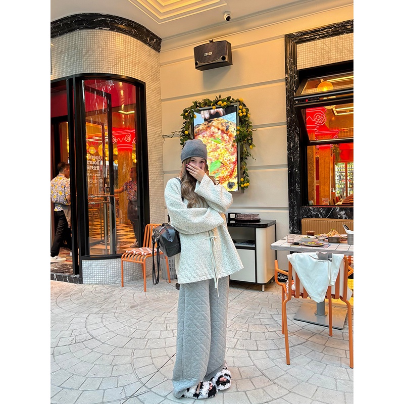 tingtings【保暖舒适】松紧腰菱形压格棉裤女冬季慵懒加厚阔腿裤