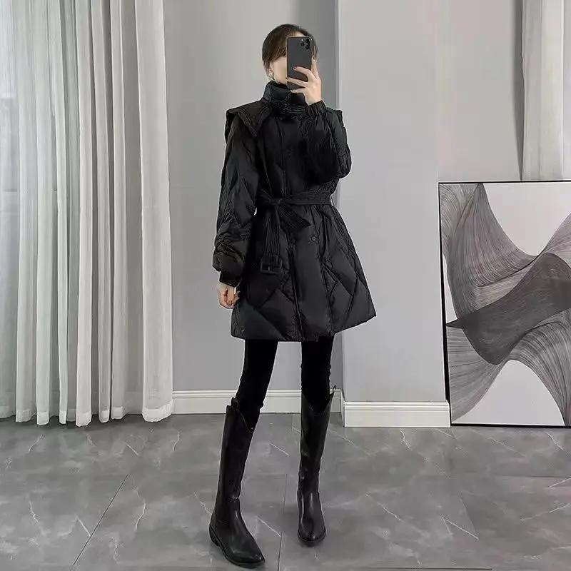 2023新款女装冬季修身收腰中长款羽绒服女黑色显瘦双排扣立领外款