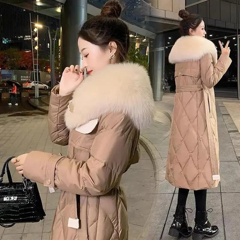 大毛领羽绒服女冬2023年新款显瘦时尚洋气中长款过膝鸭绒外套收腰