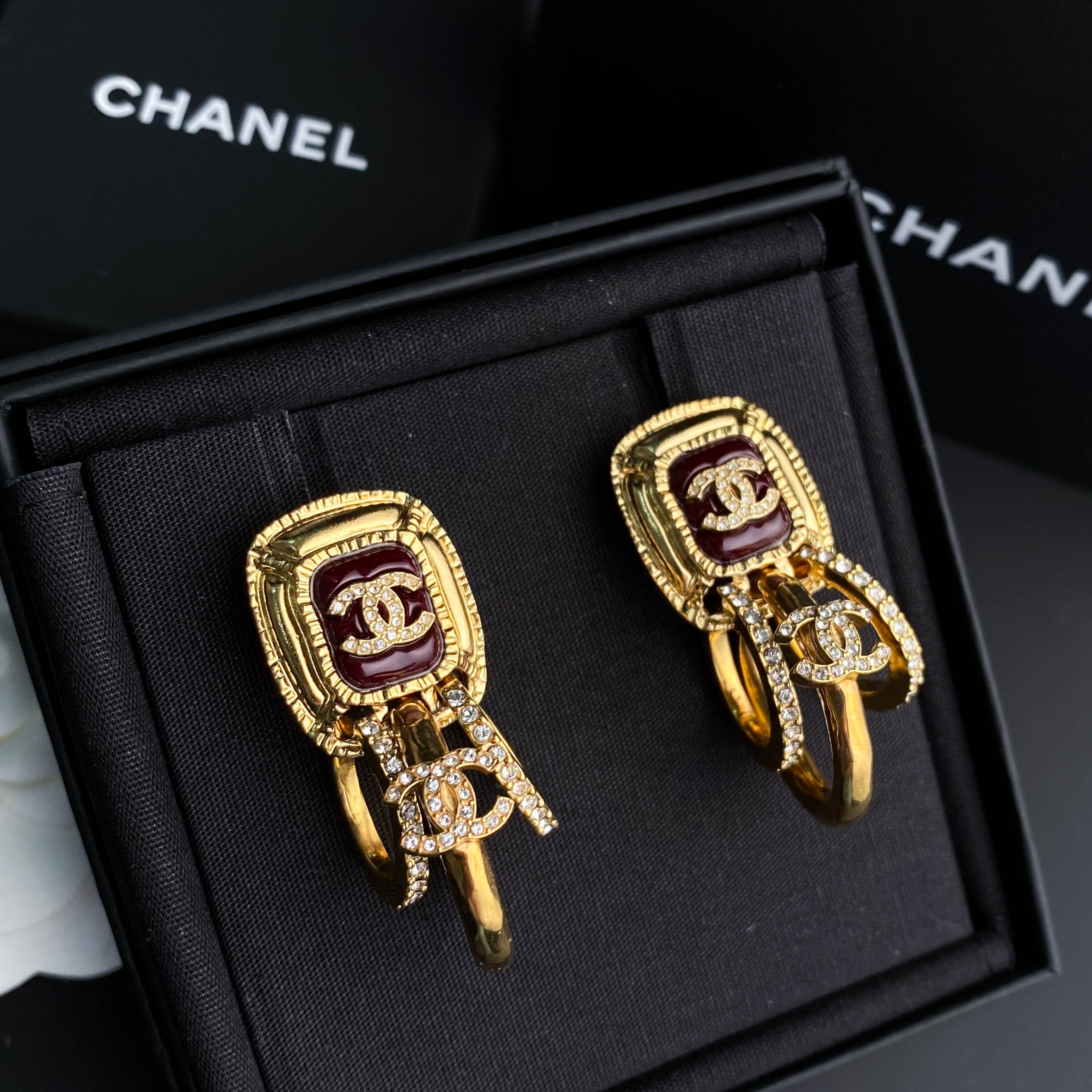 未使用 Chanel/香奈儿  闲置双C金色圆环镶钻红色方糖 耳环 S6498