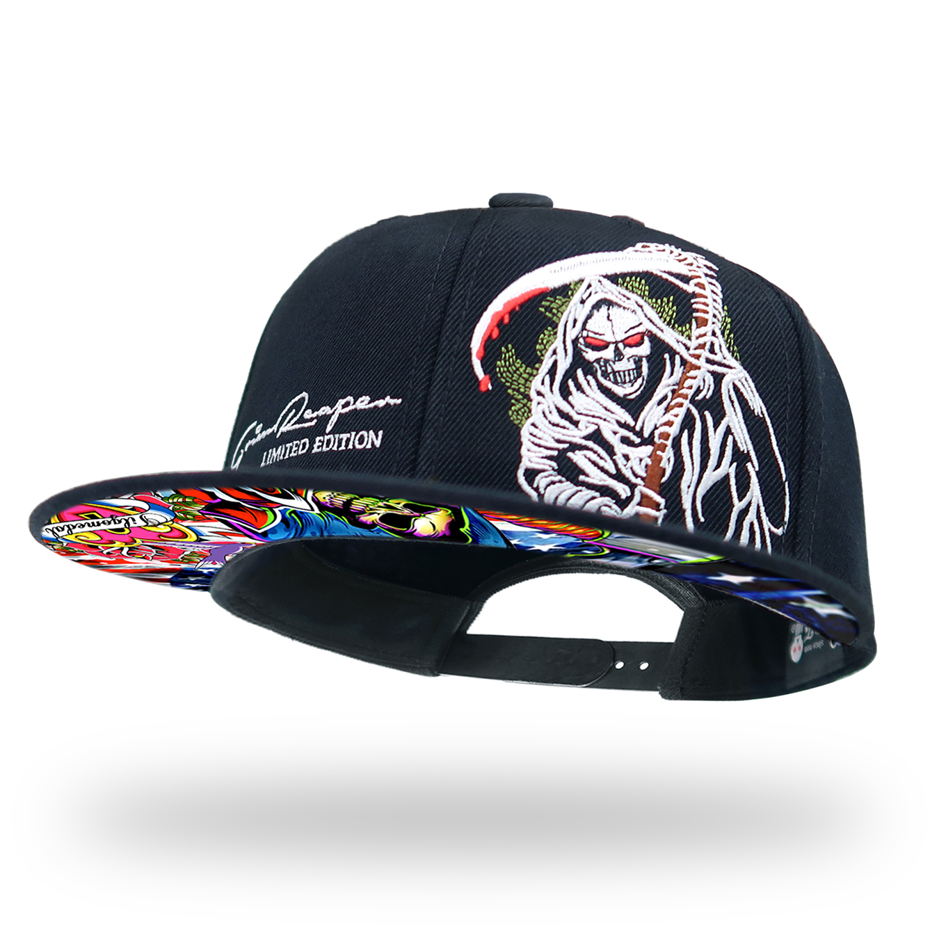 时尚高质品牌男女可调节大头围街舞棒球帽子死神骷髅玫瑰数码彩印