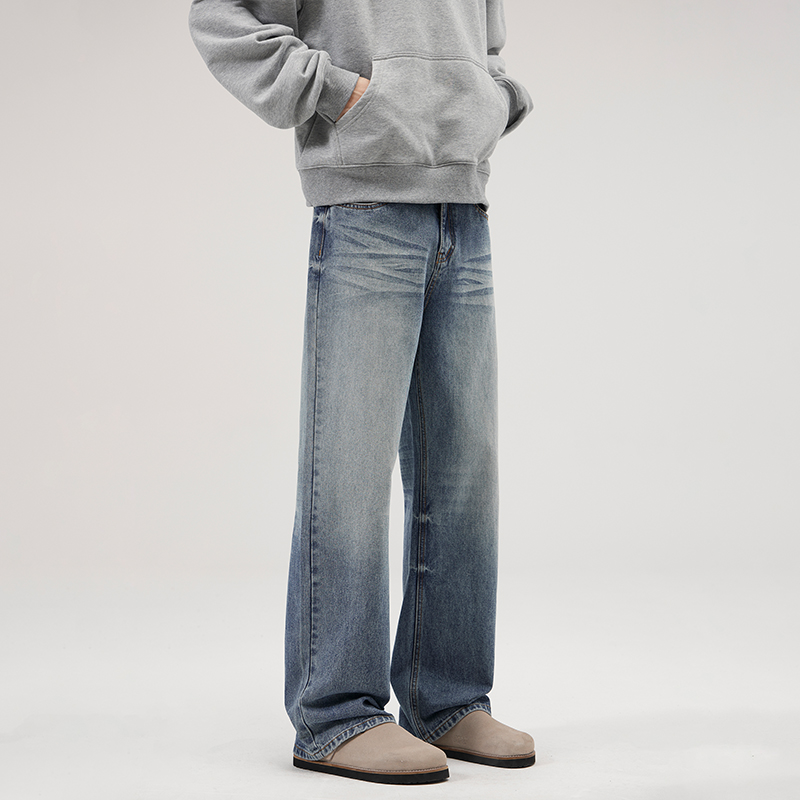 2025美式cleanfit宽松直筒牛仔裤男潮冰蓝色手喷牛仔裤男直筒宽松
