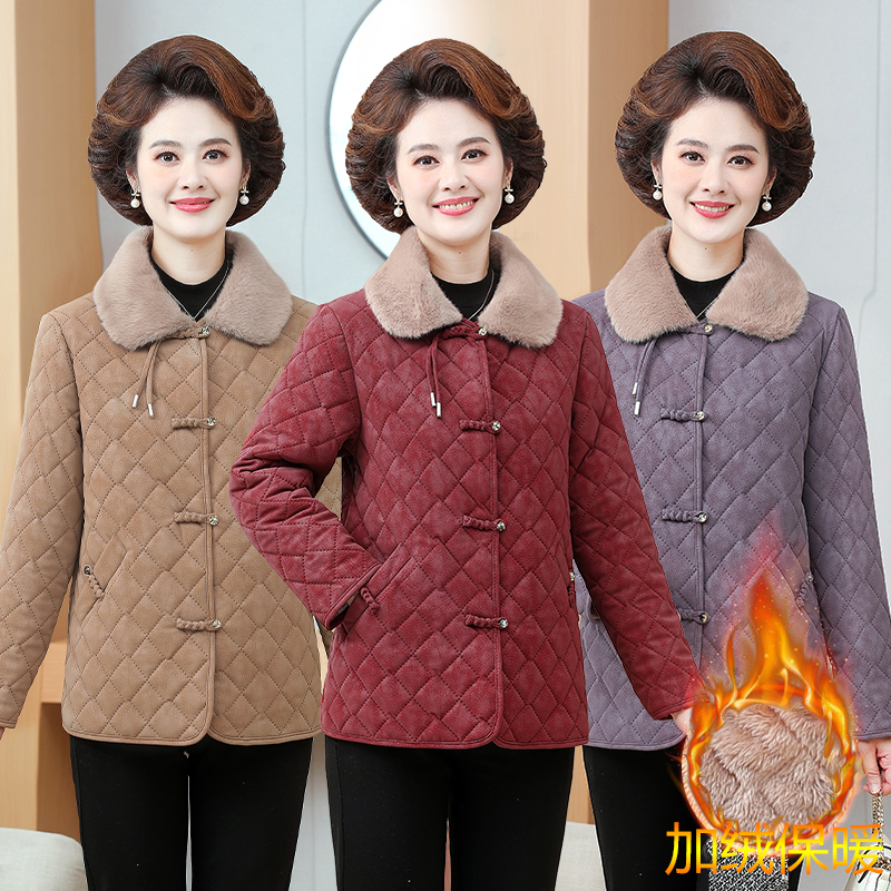 928#秋冬新款大码加绒加厚洋气时尚软皮宽松休闲保暖妈妈装棉服
