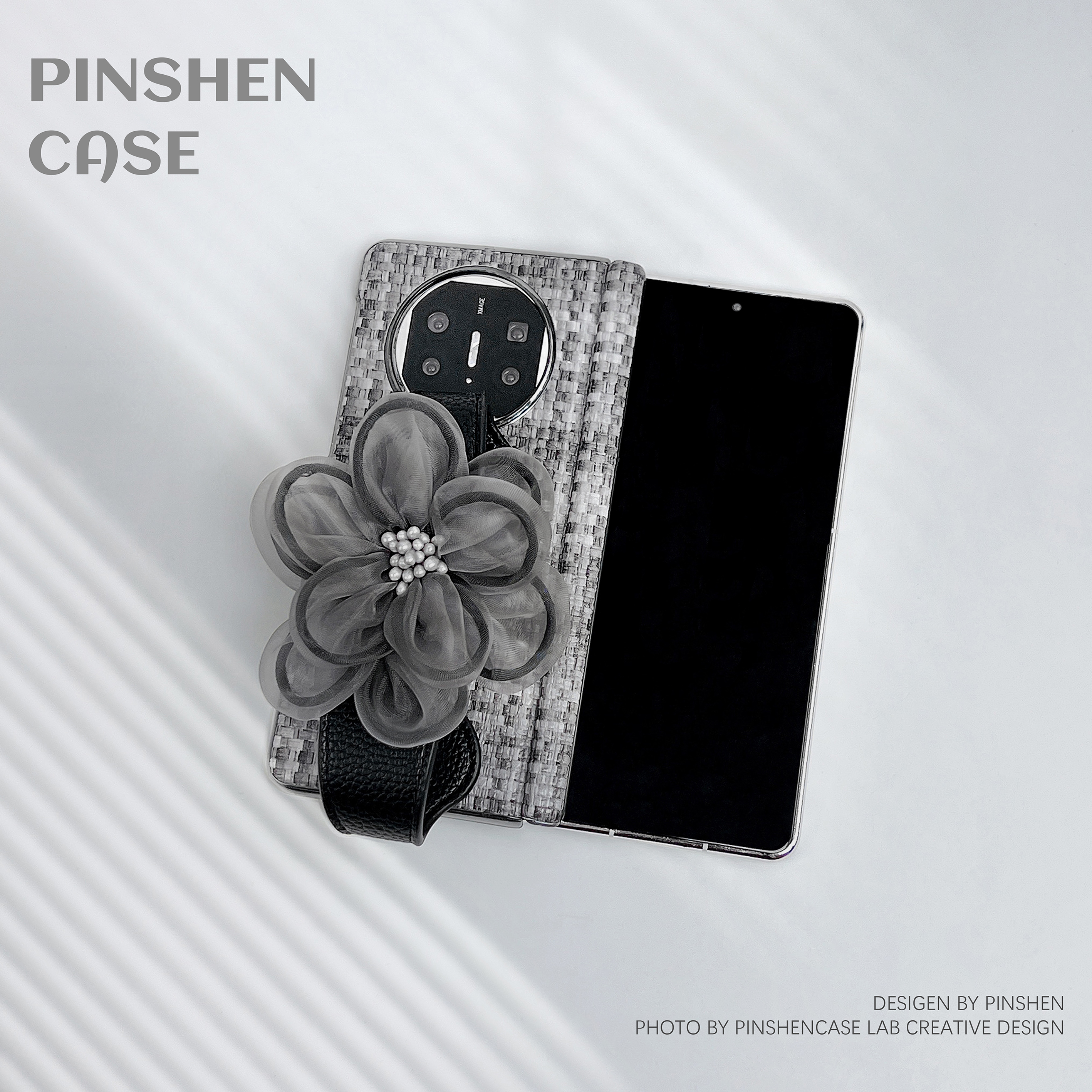 小众灰色编织纹纱花皮质腕带斜挎链条适用华为matex5折叠手机壳