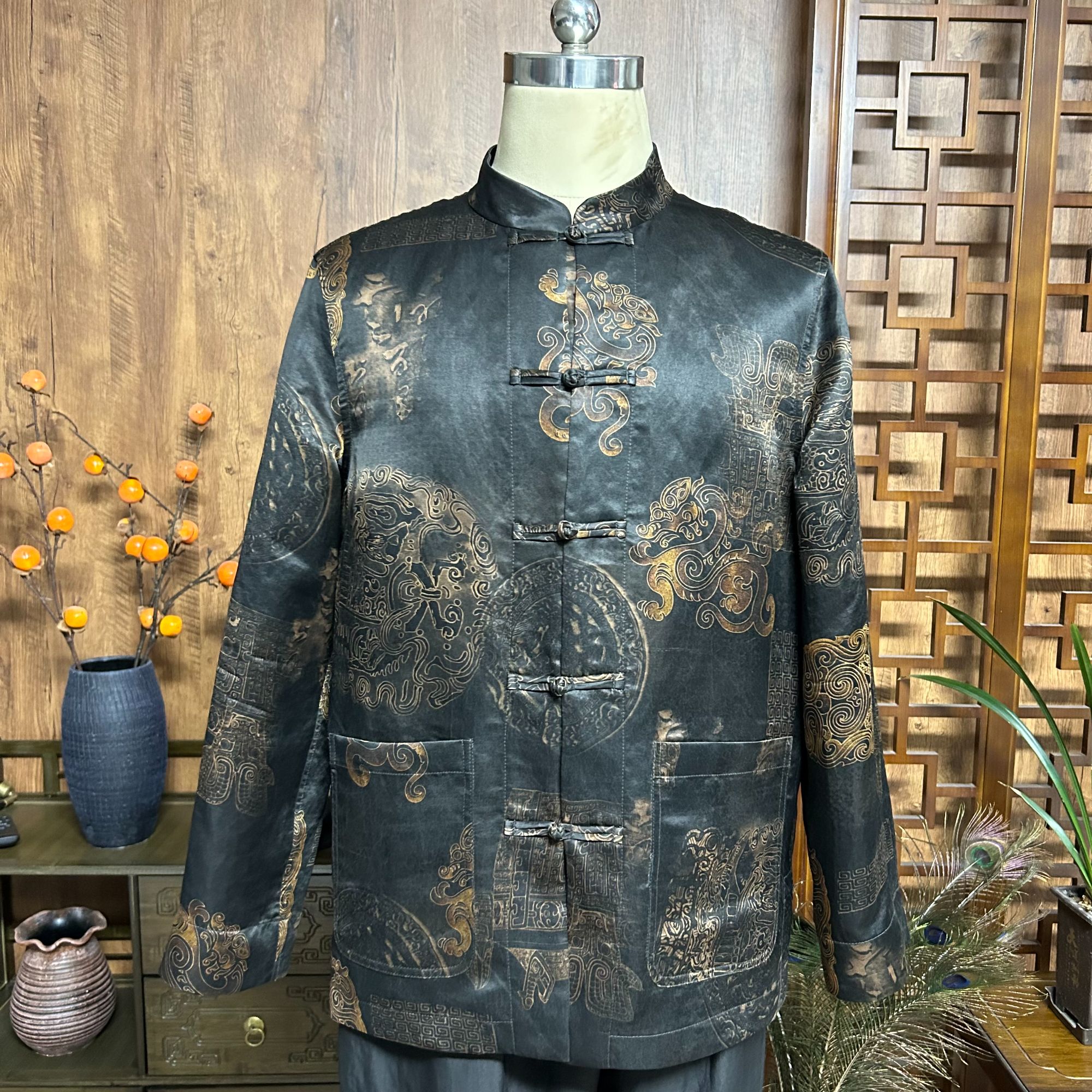 2025新款香云纱双面穿男式冷兵器图腾重锻长袖新中式男装上衣复古