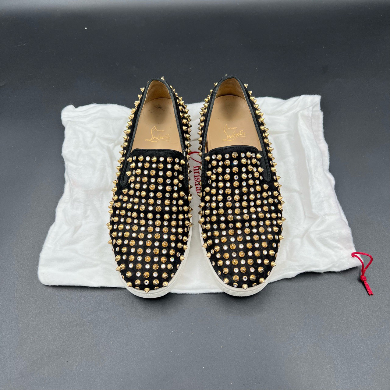 Christian Louboutin CL 黑色一钉一钻红底一脚蹬板鞋 39码/95新/