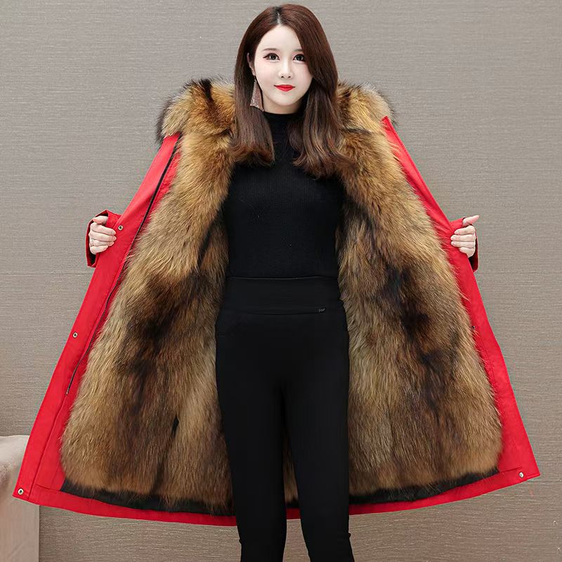 派克服女2025冬季时尚洋气中长款可拆卸内胆大码连帽加厚大毛领仿