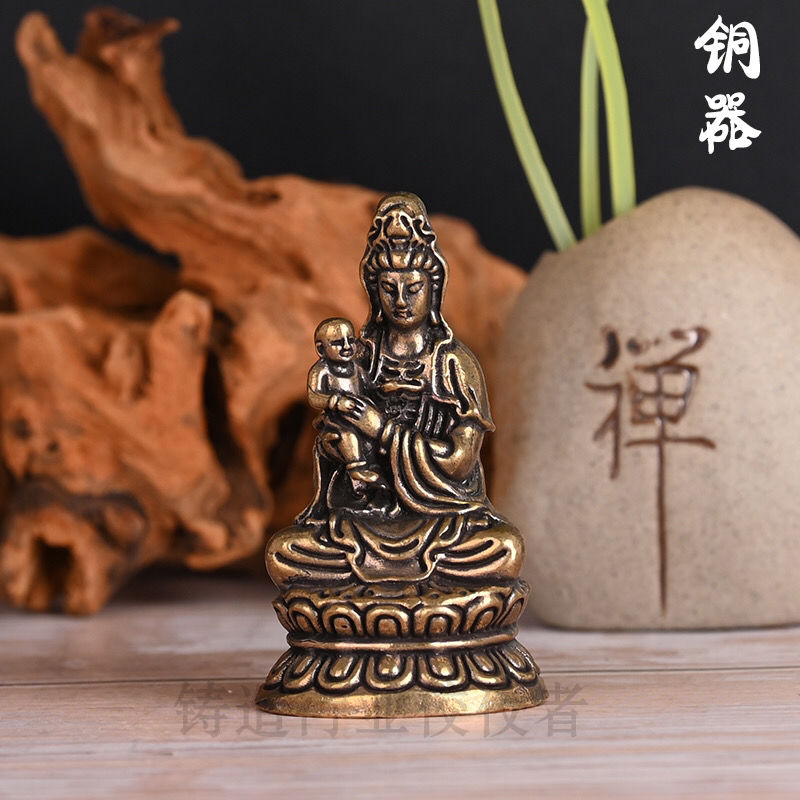 复古黄铜工艺品实心观世音送子佛像客厅桌面铜器黄铜艺品装饰摆件