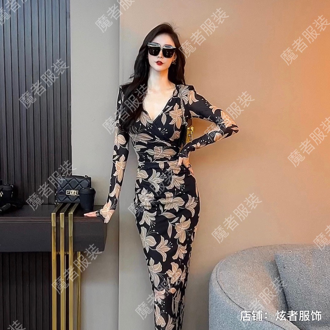 魔者家 网纱款【狐尾百合】性感修身气瘦弹力长袖连衣裙不定位花纹
