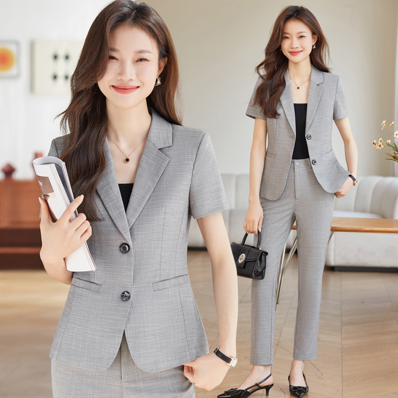 灰色西装气质女夏季短袖4S店金店职业正装房地产售楼部销售工作服