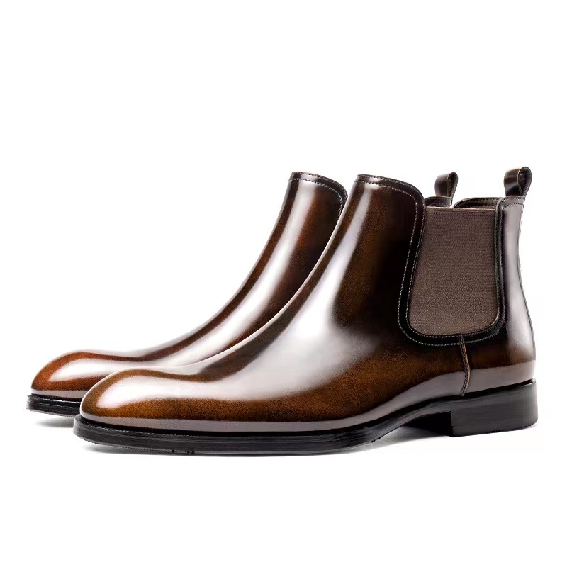 高级切尔西靴男尖头真皮亮面商务皮靴英伦高帮皮鞋马丁靴男靴短靴