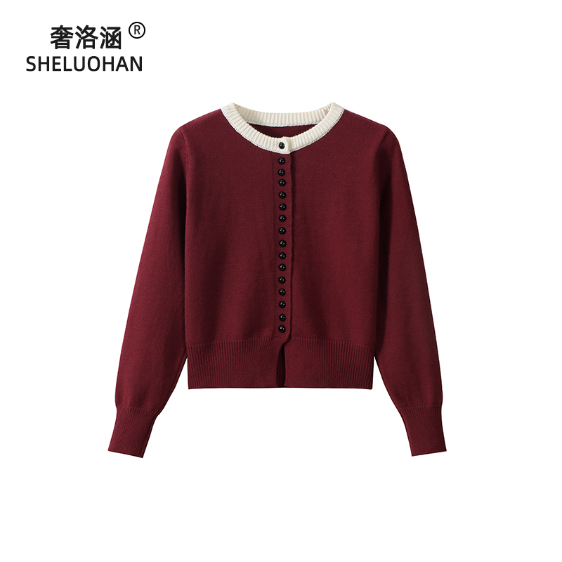 安哥拉红色圆领针织开衫女秋冬款加厚法式甜美宽松短款小个子毛衣