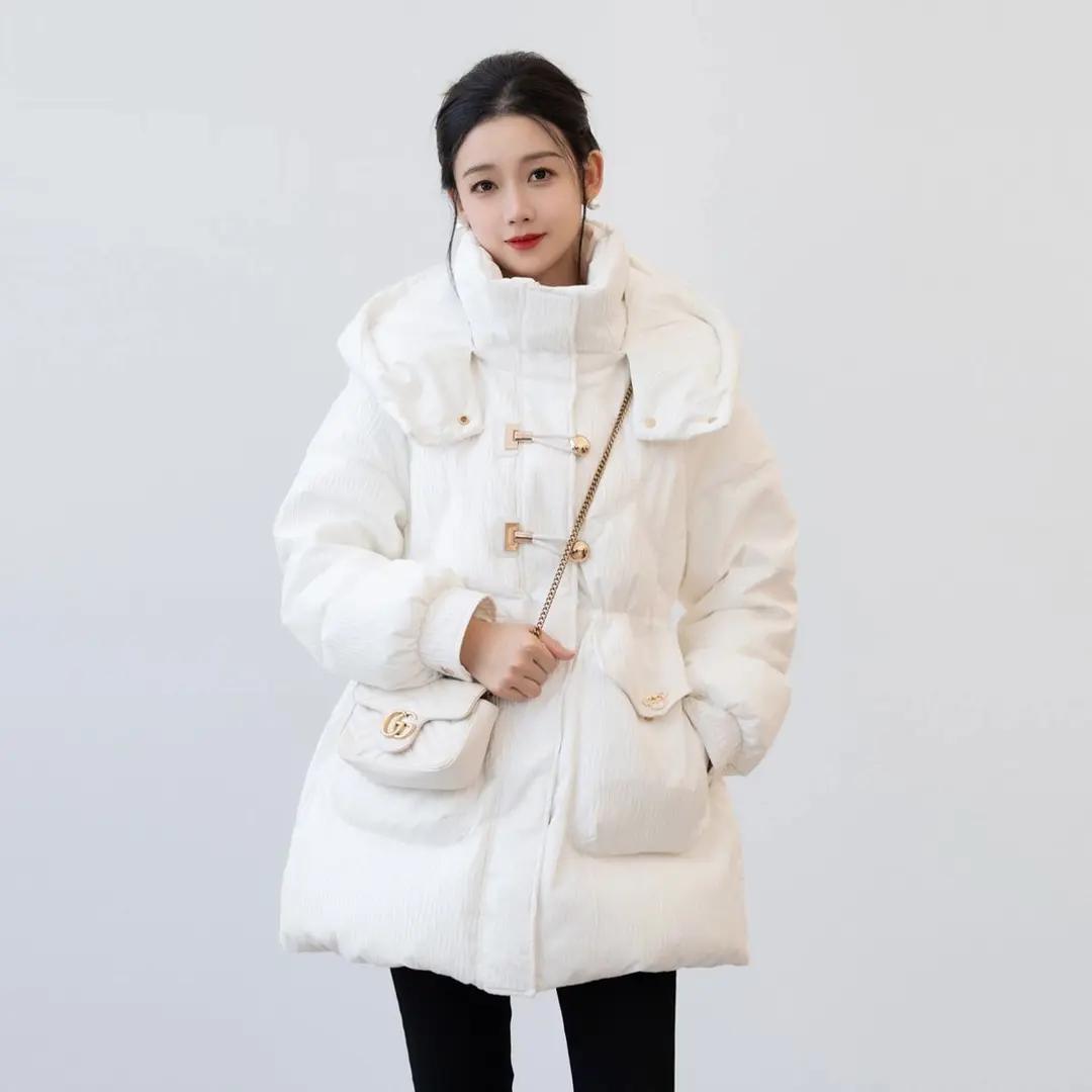 复古国风羽绒服女2023冬季新款收腰中长款小个子白鸭绒外套