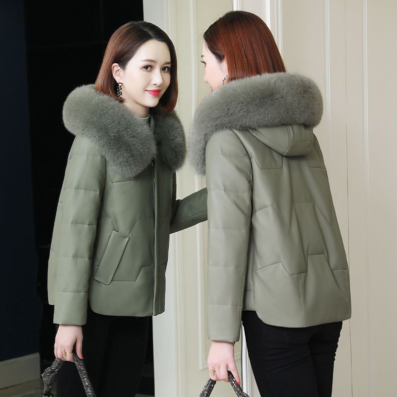 小个子加绒韩版羽绒服服女短款2023新款海宁PU皮衣仿绵羊皮草