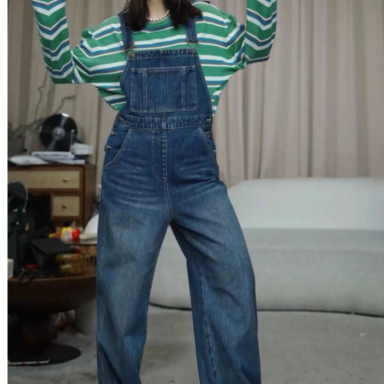 infobyfive2025秋冬新款福利减龄直筒猫抓牛仔裤背带裤2DI1002